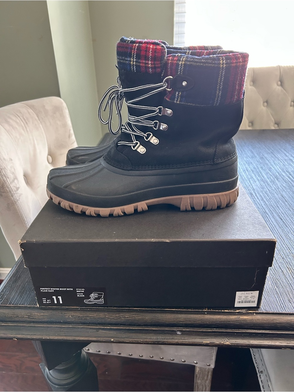 J. Crew Black Duck Boots with Red Plaid Cuff
